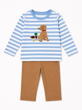 NWOT Toddler Boy 2 Piece Outfit Set Embroidered Dog Duck Shirt Brown Knit Pants